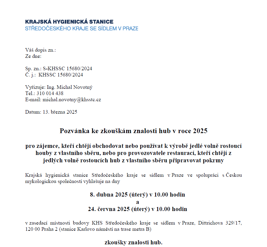 Pozvánka ke zkouškám znalosti hub v roce 2025