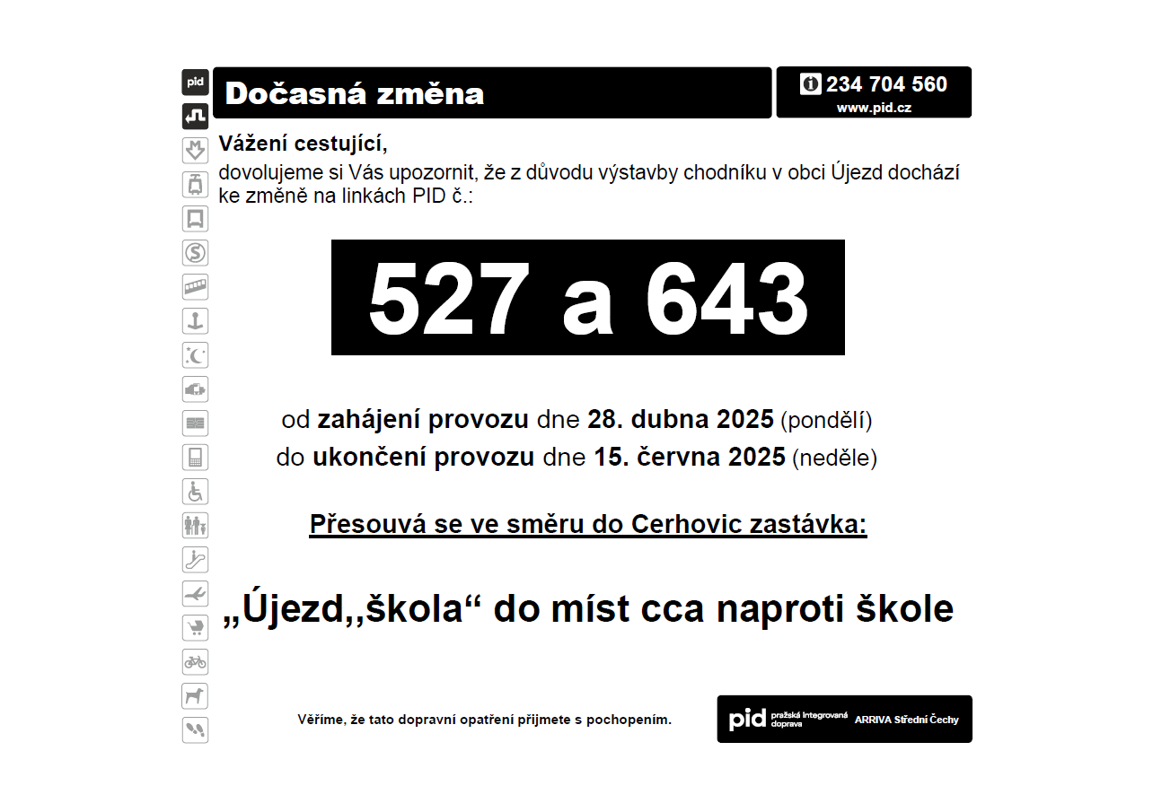 Dočasná změna na linkách PID č. 527 a 643