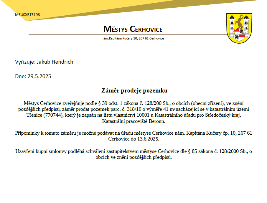 Záměr prodeje pozemku