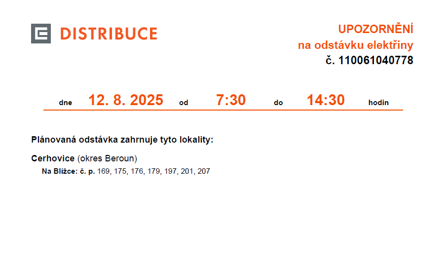 Oznámení o přerušení dodávky elektrické energie