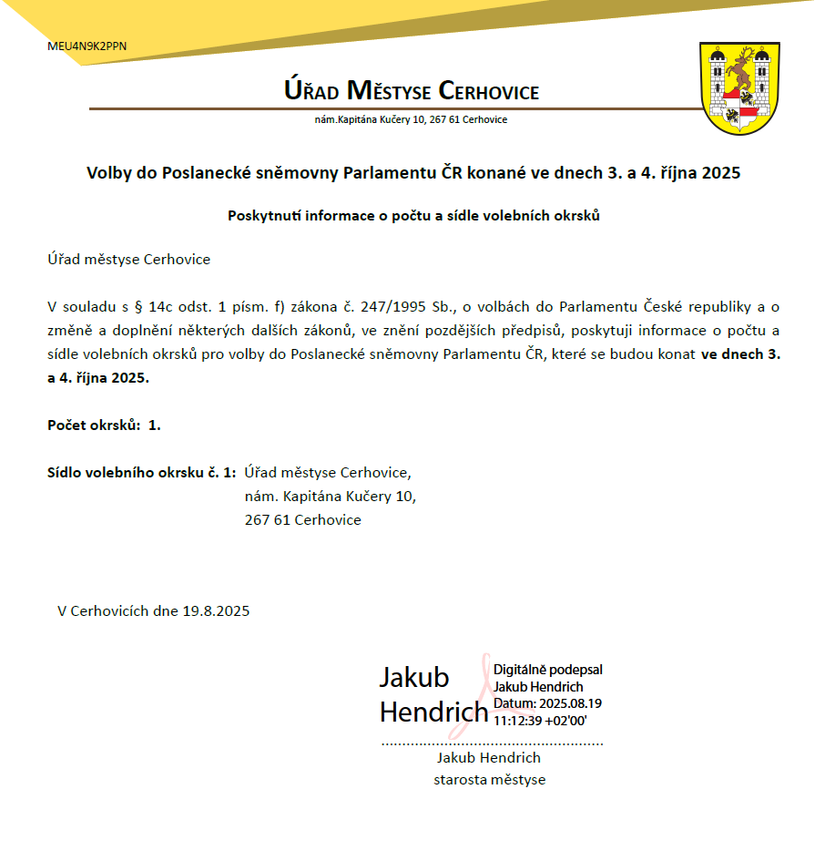 Informace o počtu a sídle volebních okrsků