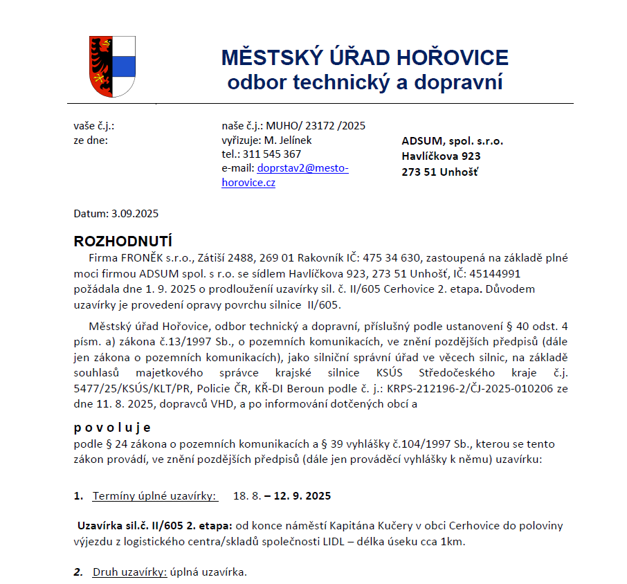 Uzavírka sil. č. II/605 2. etapa - 18.8. - 12.9.2025