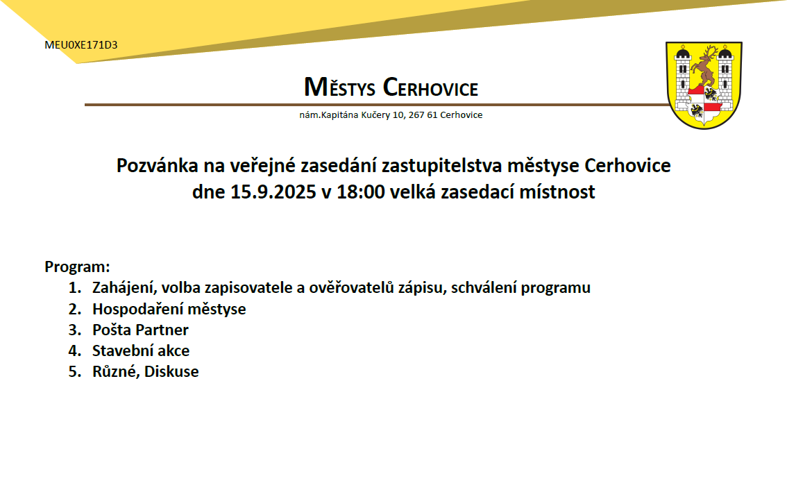 Zasedání zastupitelstva městyse Cerhovice