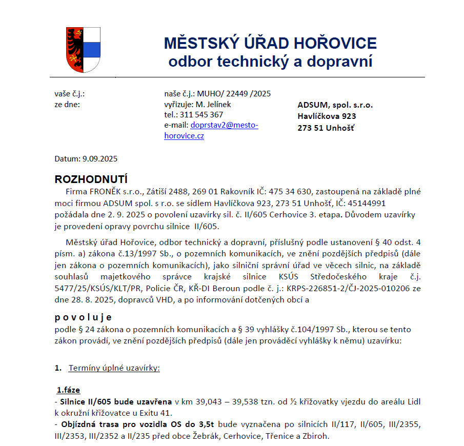 Uzavírka sil. č. II/605 Cerhovice 3. etapa