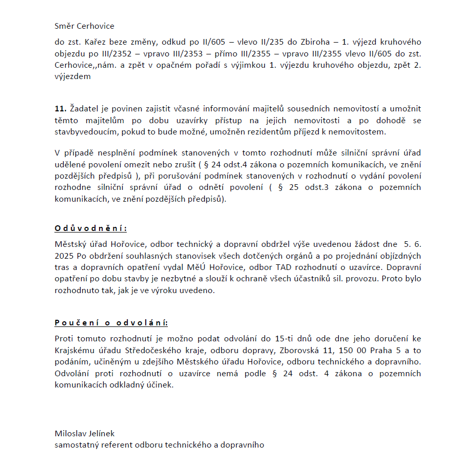 Uzavírka sil. č. II/605 Cerhovice 3. etapa
