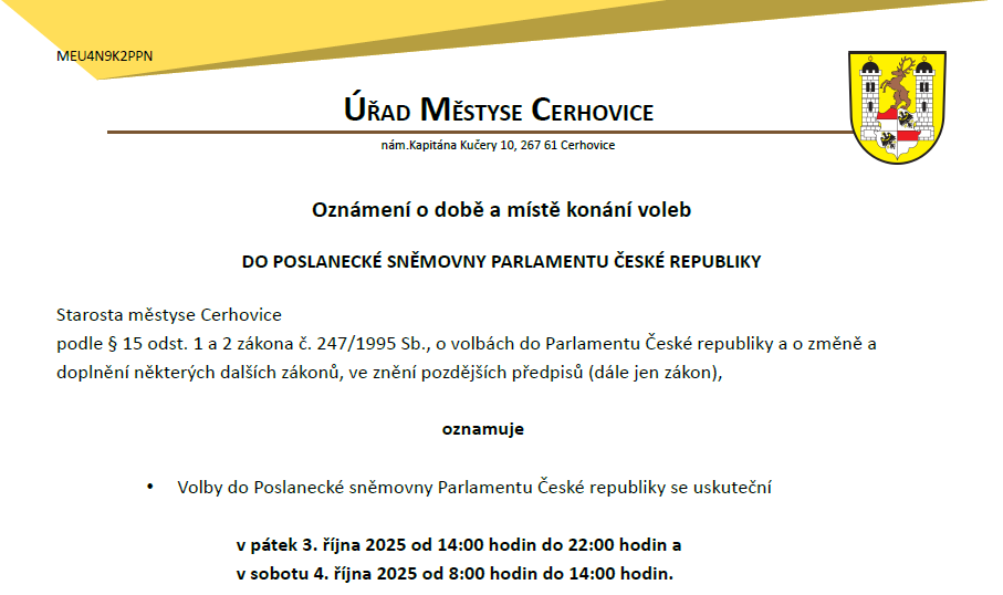 Oznámení o době a místě konání voleb