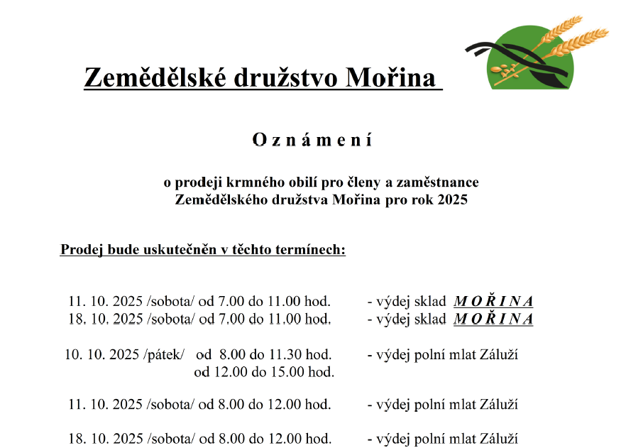 Oznámení o prodeji krmného obilí pro členy a zaměstnance