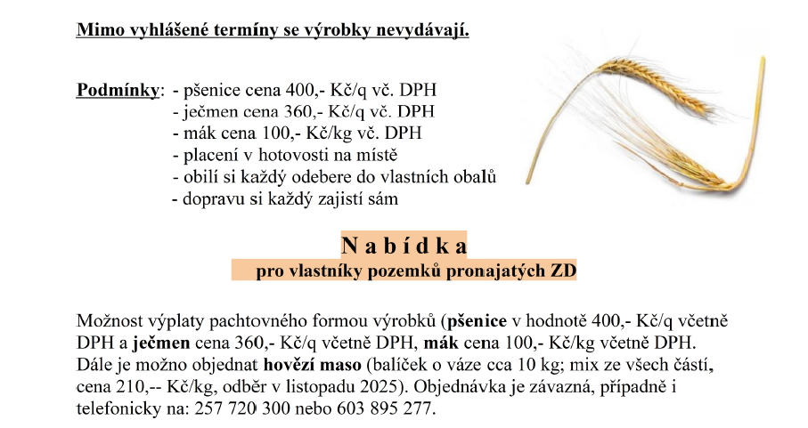 Oznámení o prodeji krmného obilí pro členy a zaměstnance