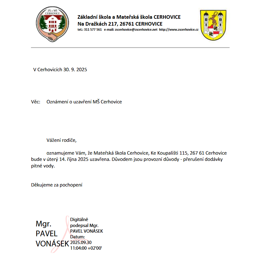 Oznámení o uzavření MŠ