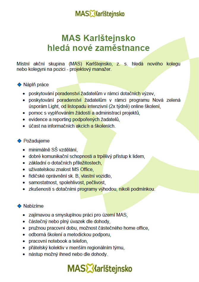 MAS Karlštejnsko hledá nové zaměstnance