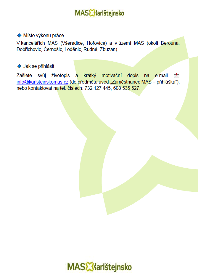 MAS Karlštejnsko hledá nové zaměstnance