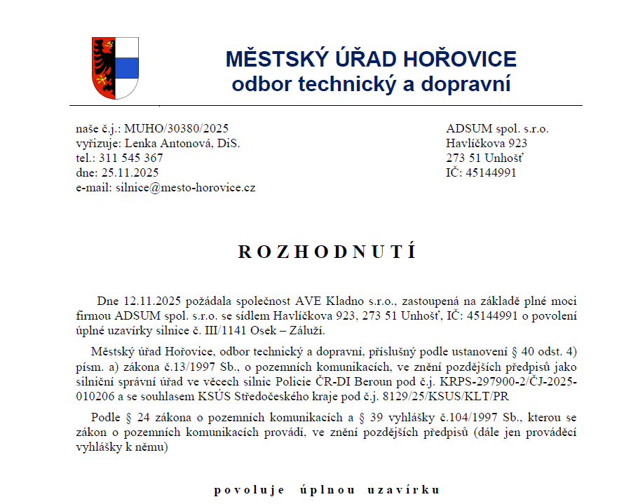 Uzavírka silnice č. III/1141 Osek - Záluží