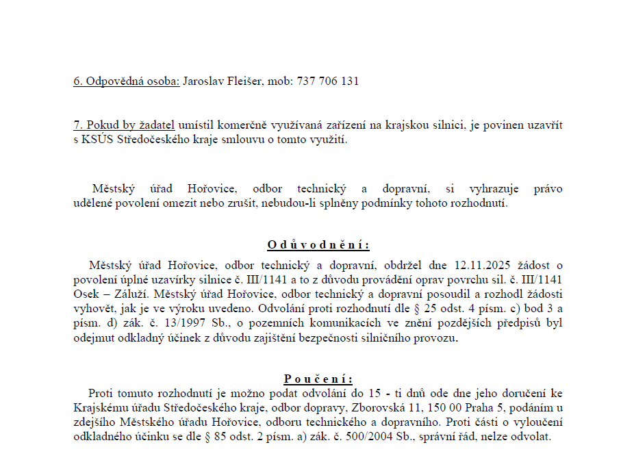 Uzavírka silnice č. III/1141 Osek - Záluží