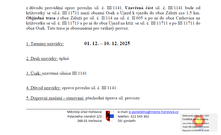 Uzavírka silnice č. III/1141 Osek - Záluží