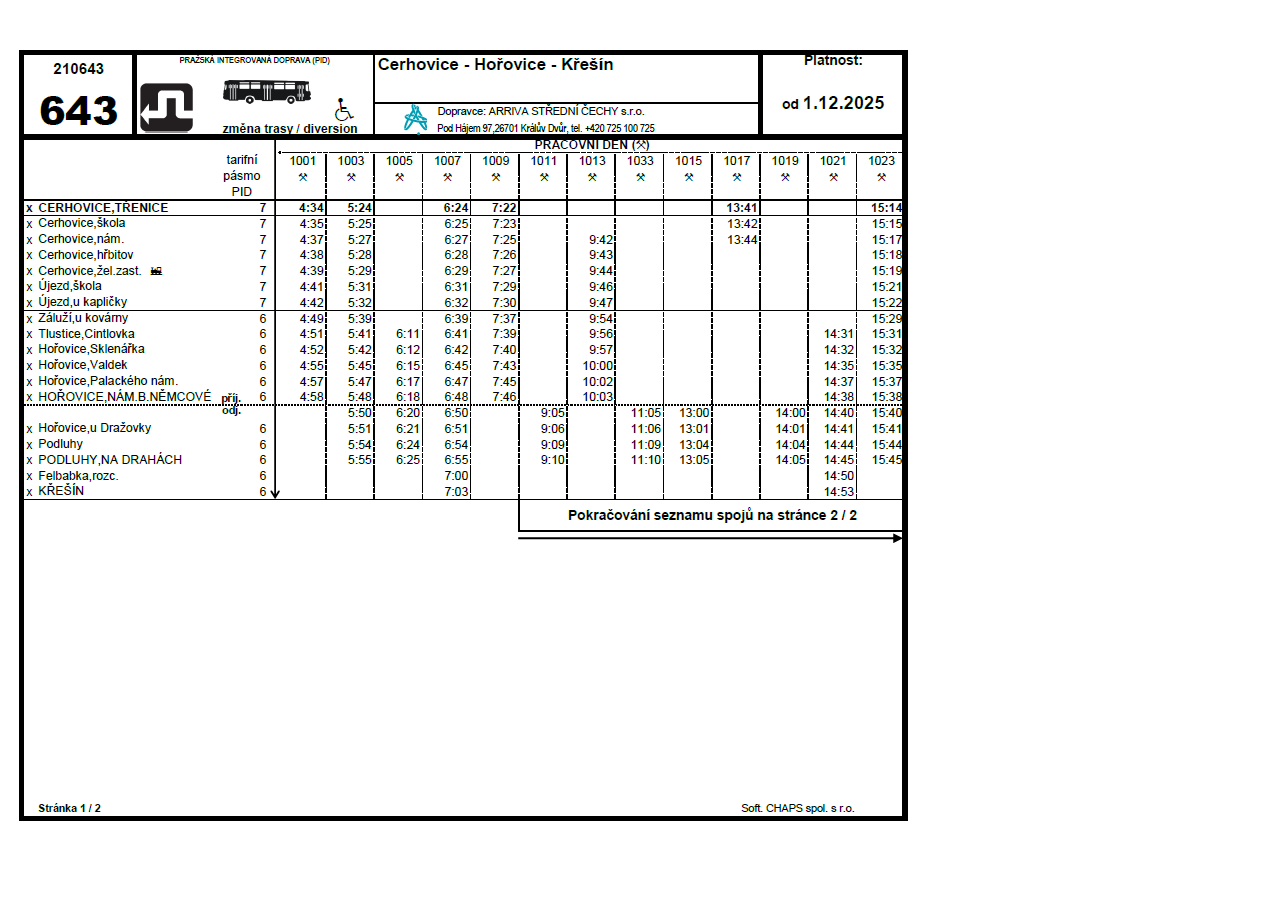 Dočasná změna provozu na lince 643