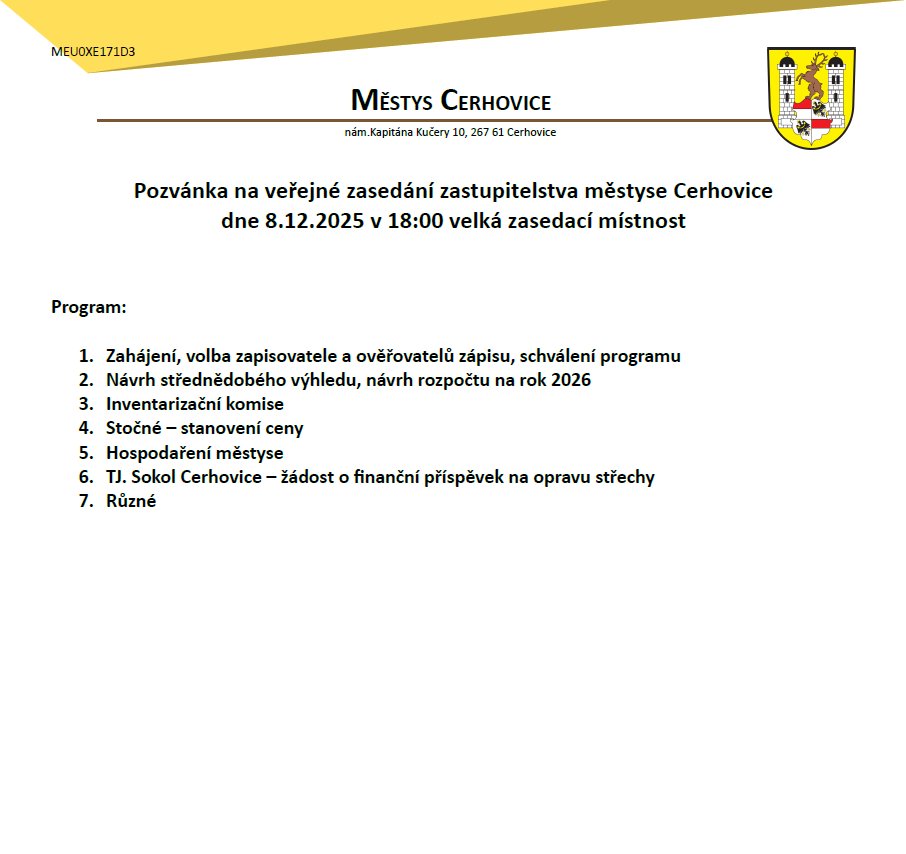 Pozvánka na veřejné zasedání zastupitelstva městyse Cerhovice