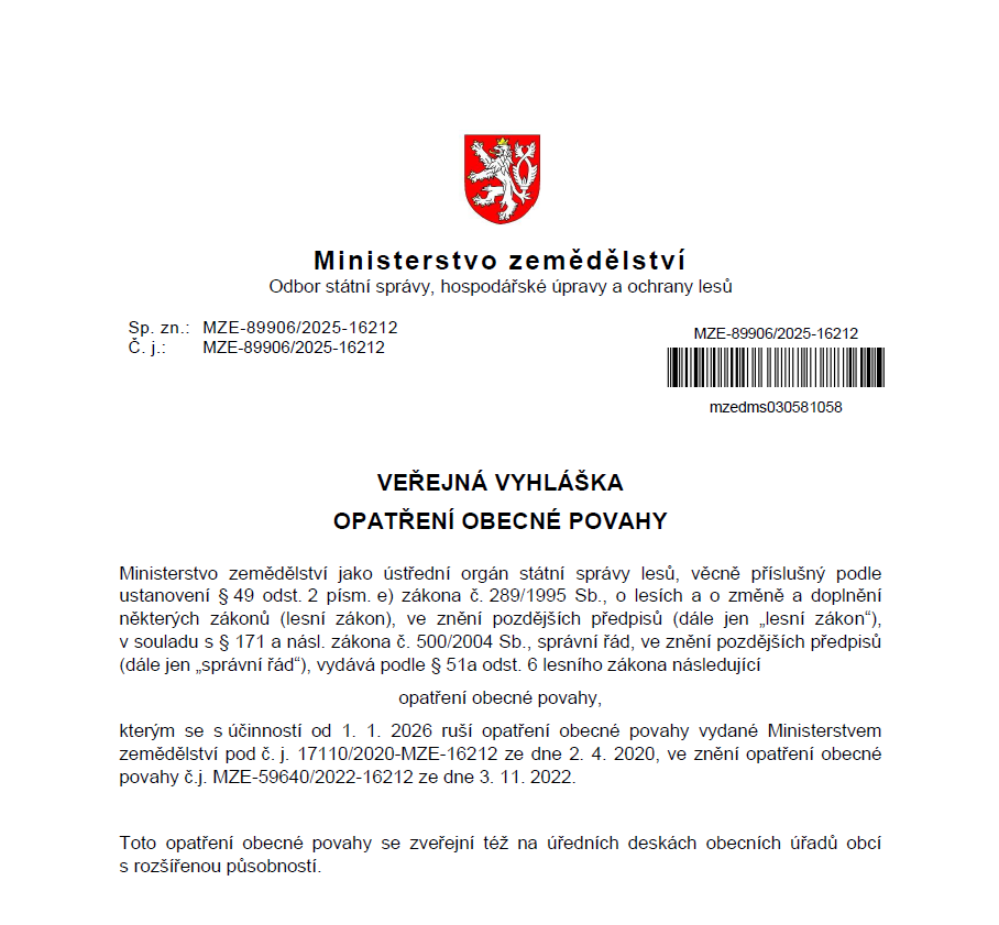 Veřejná vyhláška opatření obecné povahy