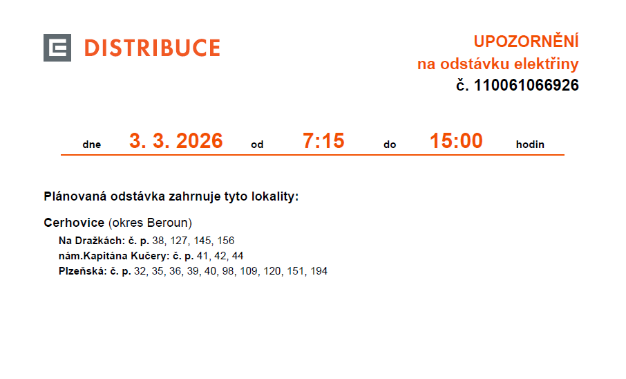 Upozornění na odstávku elektřiny