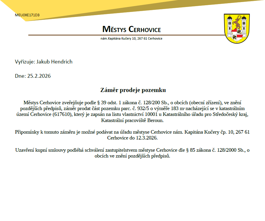 Záměr prodeje části pozemku 932/5