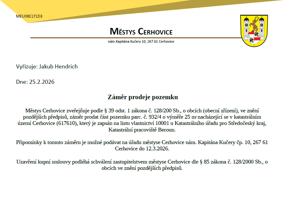 Záměr prodeje části pozemku 932/4