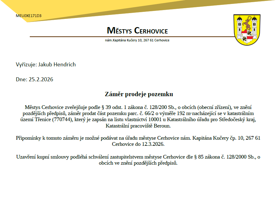 Záměr prodeje části pozemku 66/2