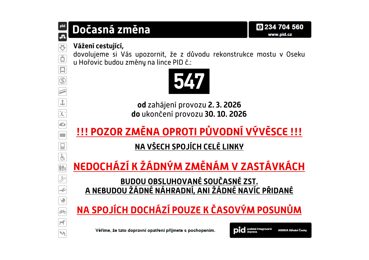 Dočasná změna na lince PID č. 547