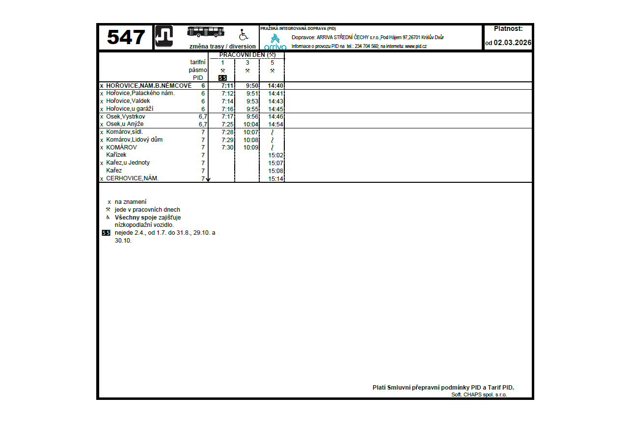 Dočasná změna na lince PID č. 547