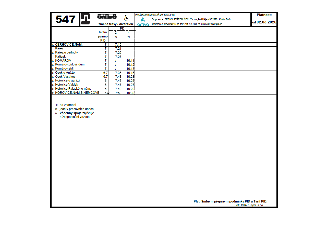 Dočasná změna na lince PID č. 547