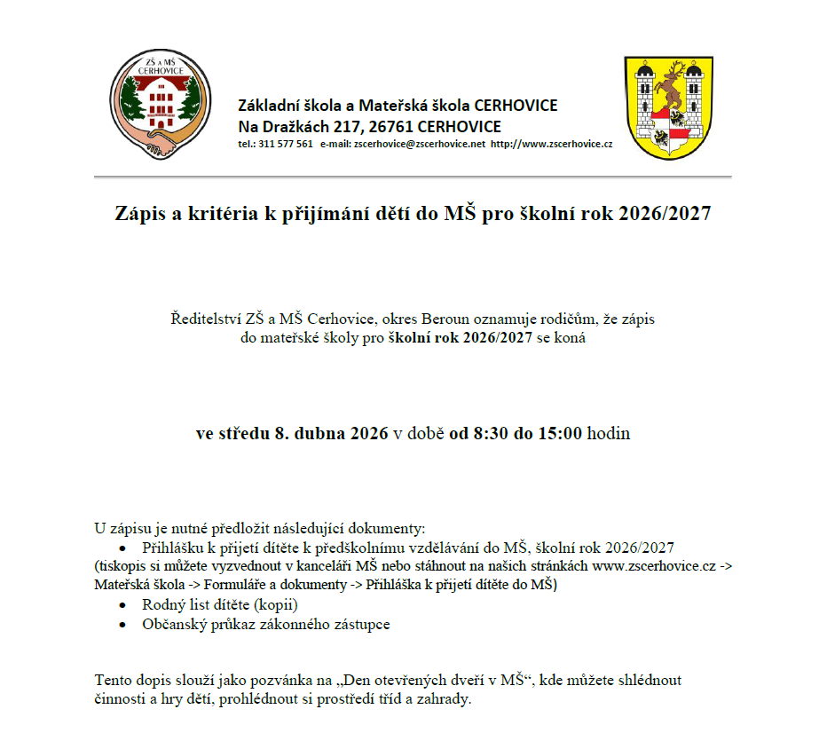 Zápis a kritéria k přijímání dětí do MŠ pro školní rok 2026/2027