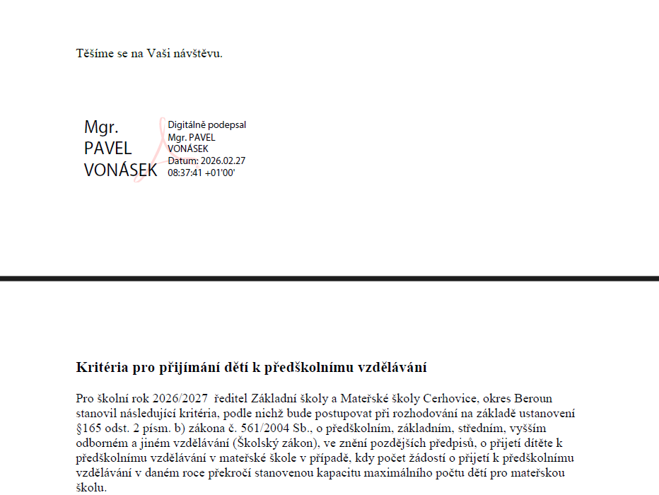 Zápis a kritéria k přijímání dětí do MŠ pro školní rok 2026/2027