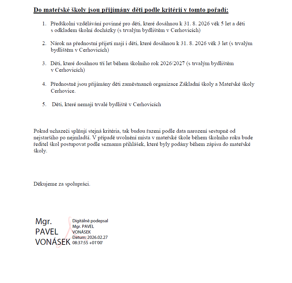 Zápis a kritéria k přijímání dětí do MŠ pro školní rok 2026/2027