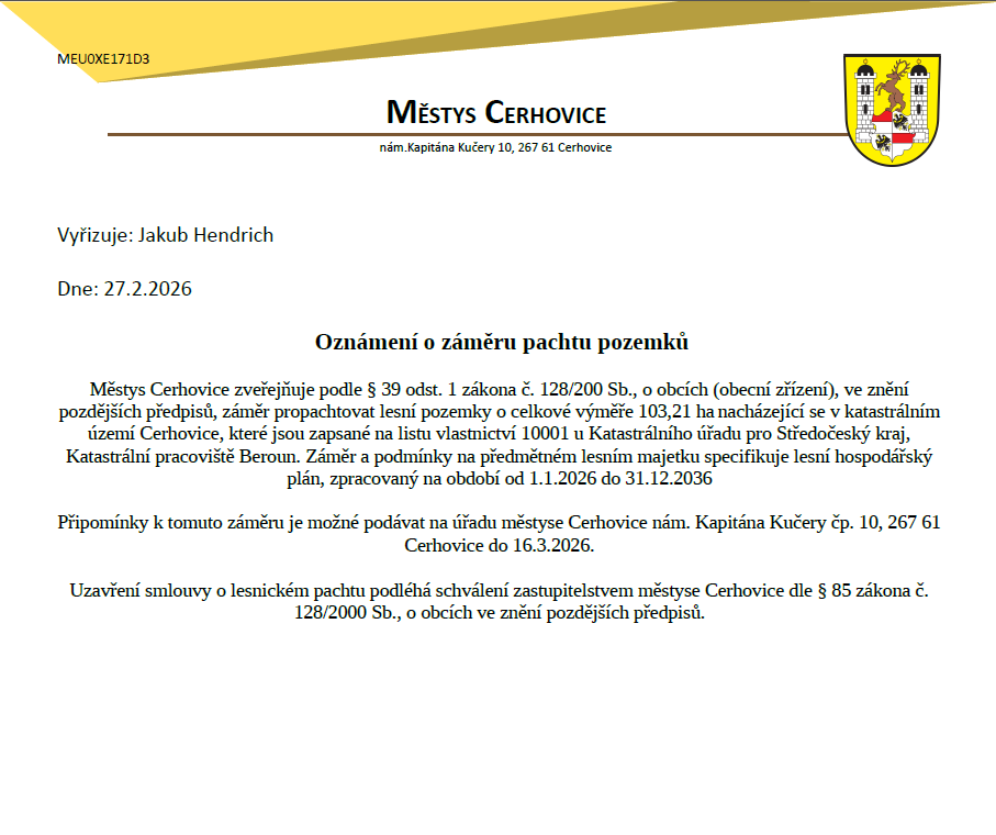 Oznámení o záměru
