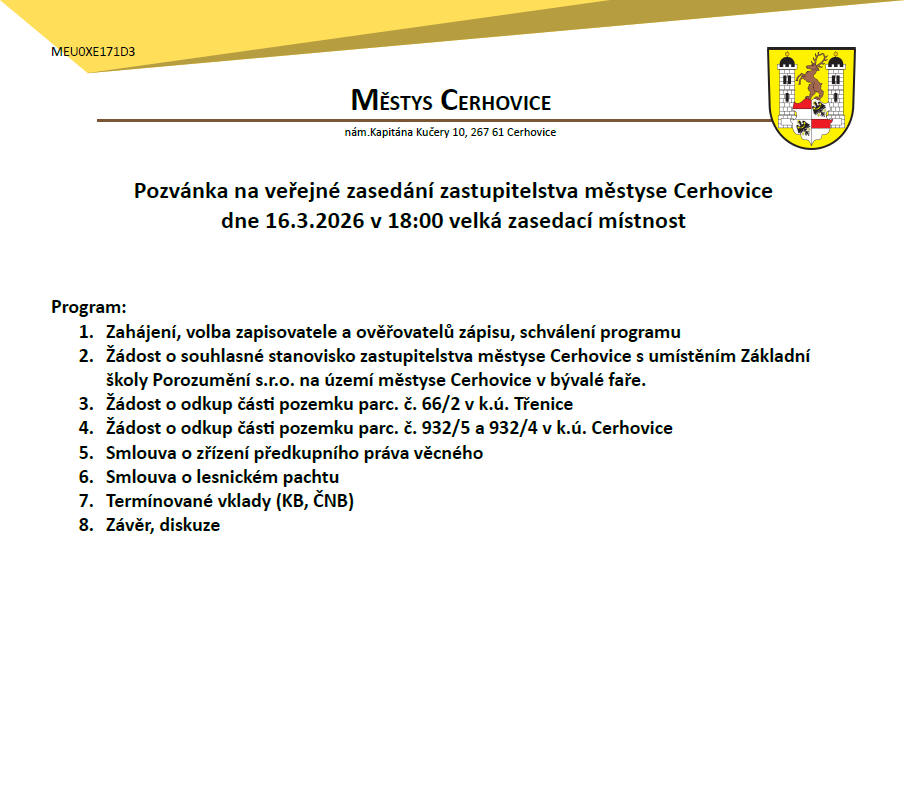 Veřejné zasedání zastupitelstva městyse Cerhovice