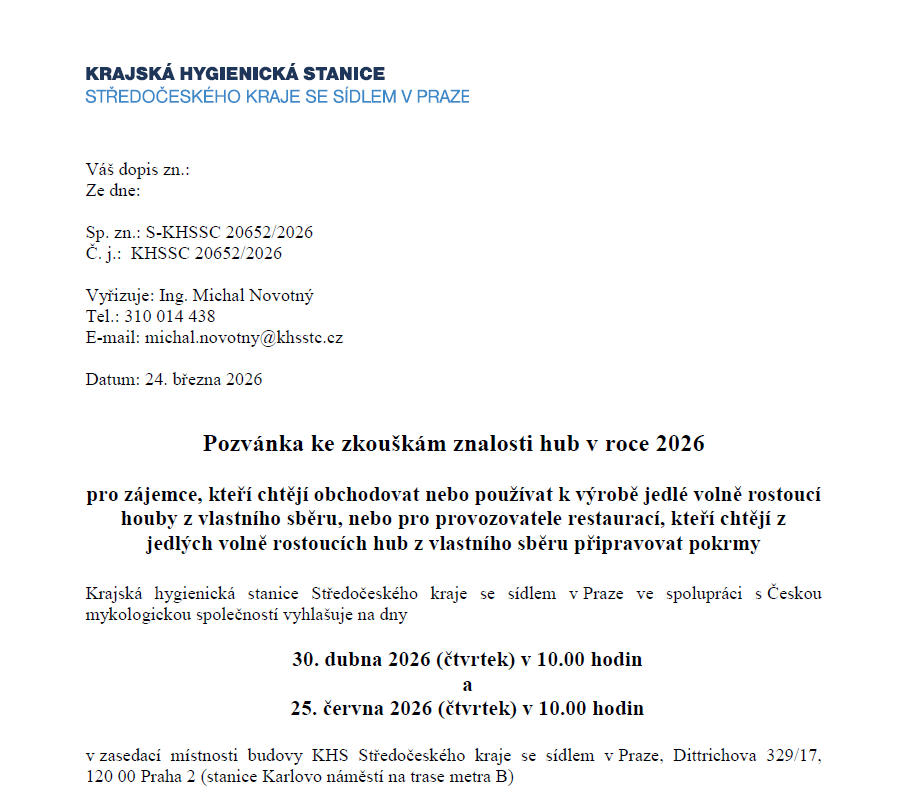 Pozvánka ke zkouškám znalosti hub v roce 2026