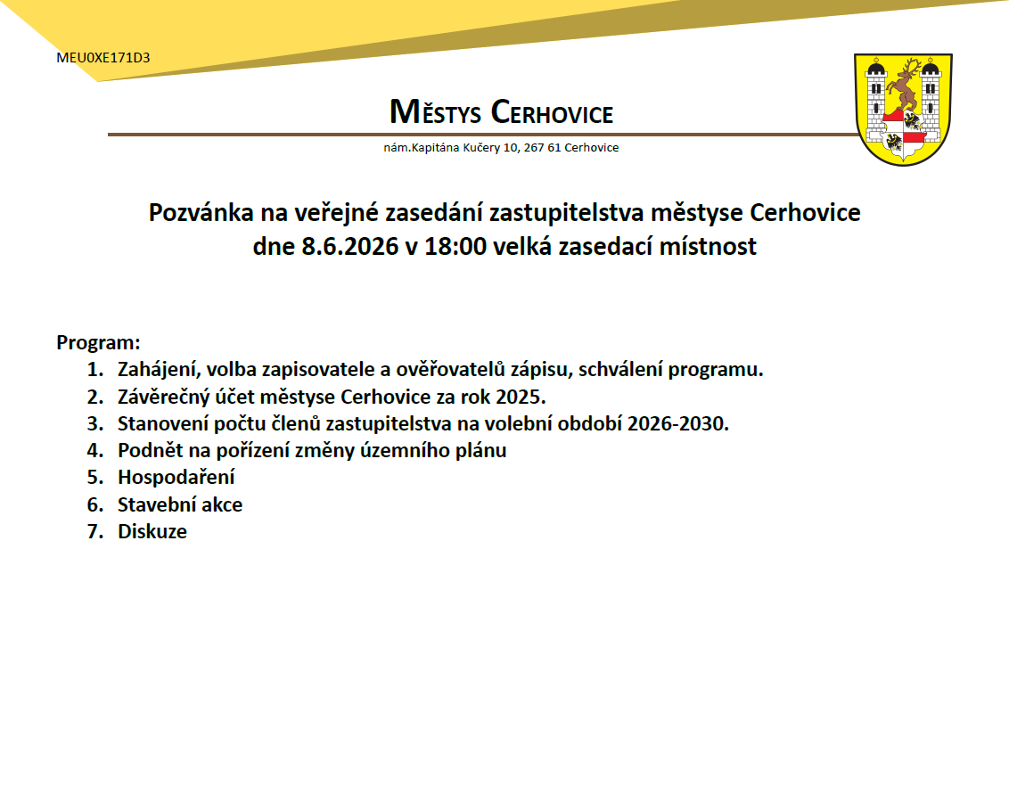 Pozvánka na veřejné zasedání zastupitelstva městyse Cerhovice
