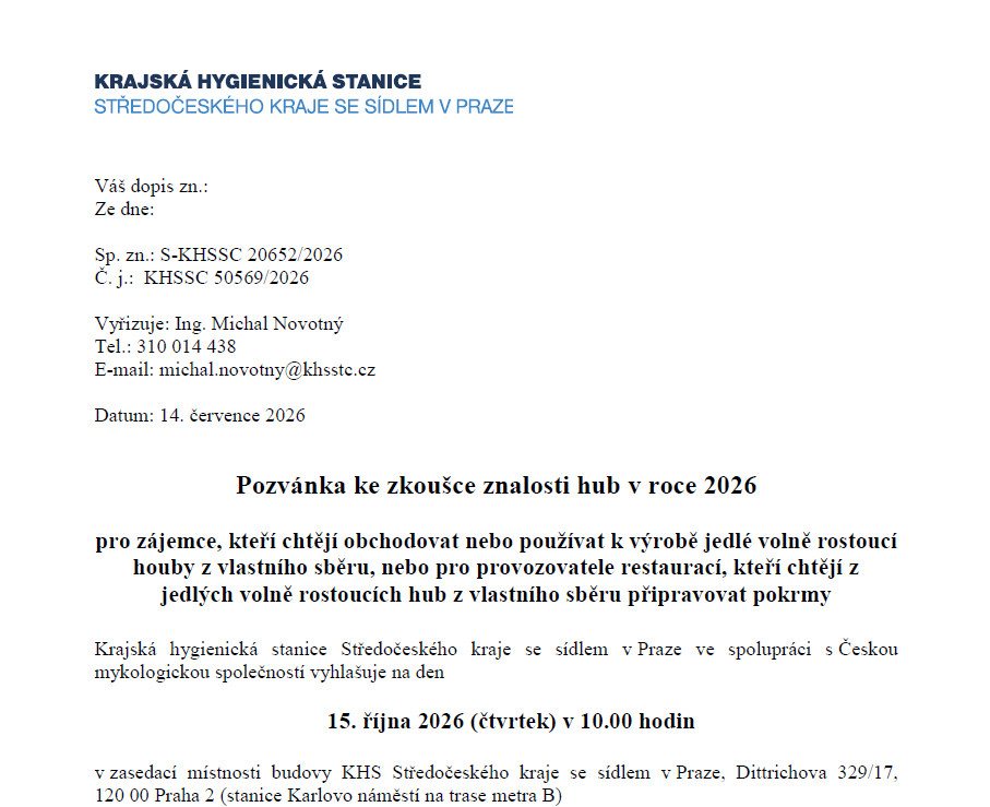 Pozvánka ke zkoušce znalosti hub v roce 2026