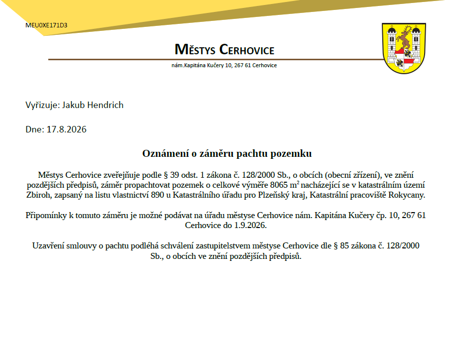 Oznámení o záměru pachtu pozemku