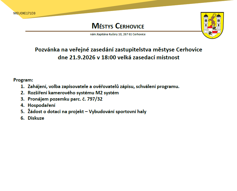 Pozvánka na veřejné zasedání zastupitelstva městyse Cerhovice