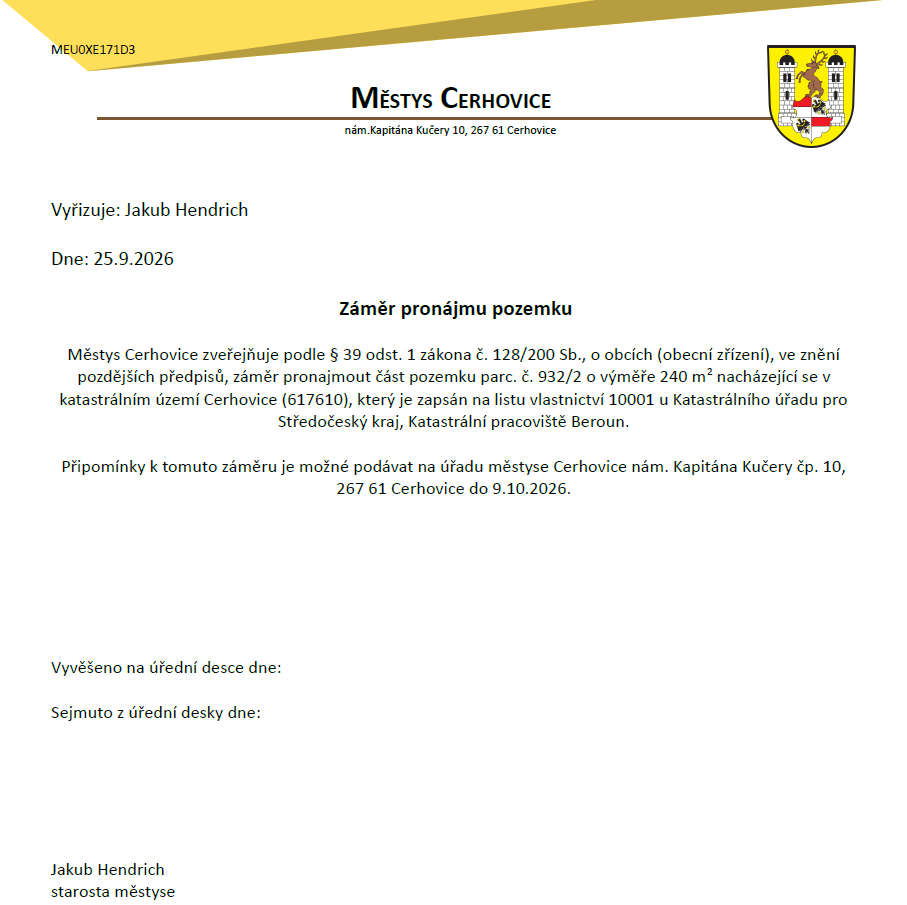 Záměr pronájmu pozemku